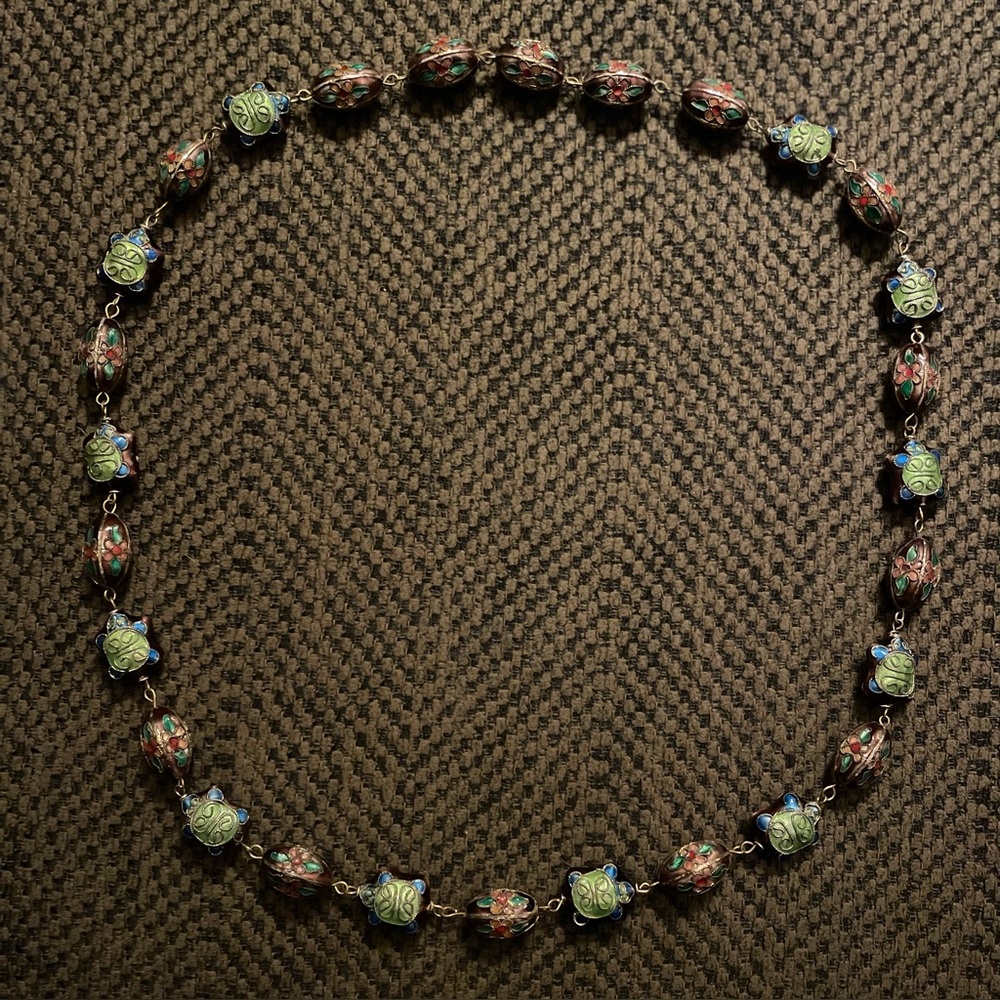 Purple Turtle and Flower Cloisonne Necklace, 28” - Picture 5 of 6